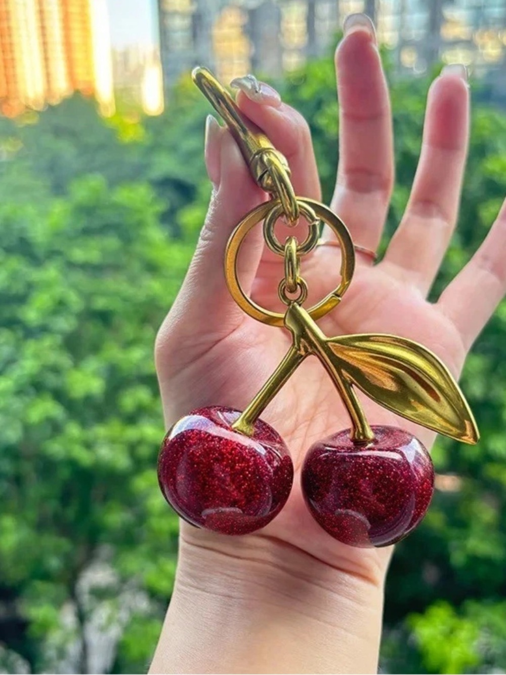 COACH Gold Cherry Keychain with Glitter Red Cherries - Picture 4 of 10